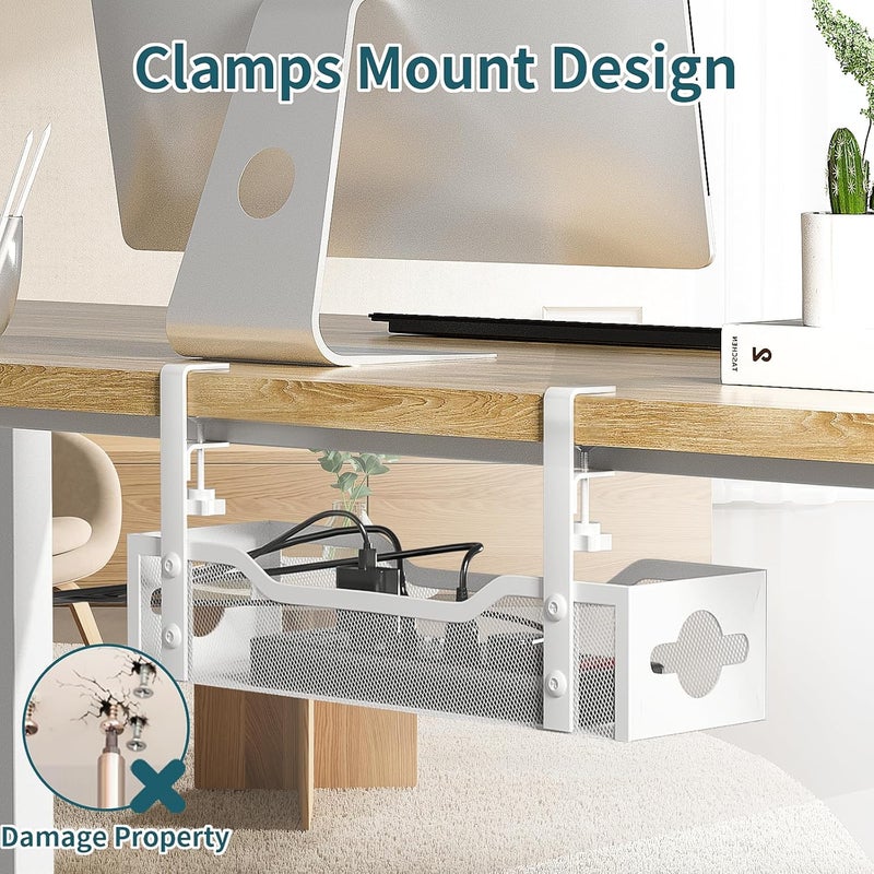 Litwaro Under Desk Cable Management Tray No Drill, 13.38'' Metal Tray with Clamp for Wire Management, Cord Organizer Home Office Damage to Standing Desk, White - Image 2